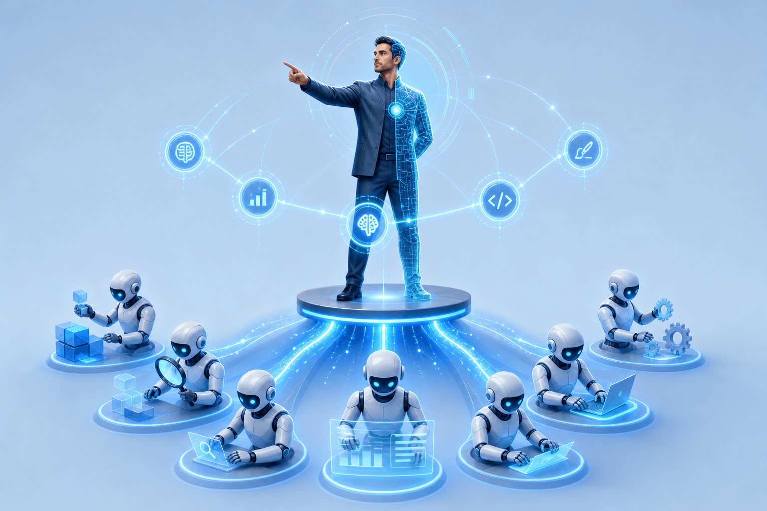 A person calmly directing a system of AI agents that do the work