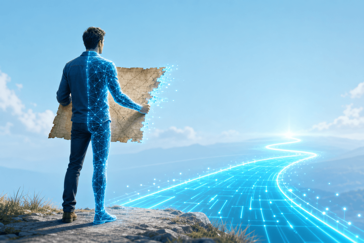 An old, half-torn map redrawing into a glowing route ahead