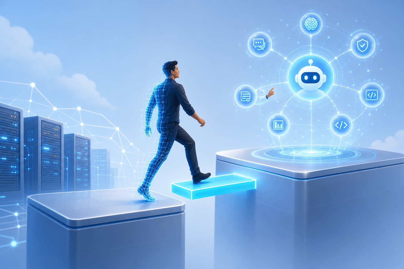 A figure stepping from their existing platform across one short step to the architect position