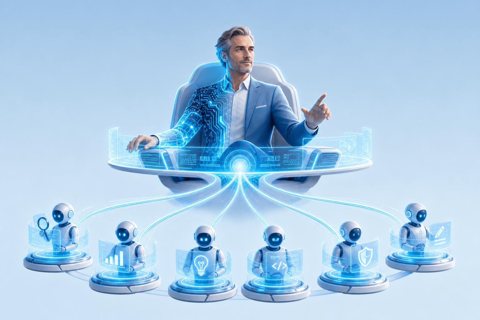 An experienced expert elevated to the command seat, directing a fan of AI agents