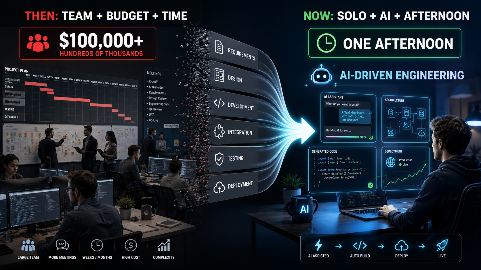 Then versus now: a project needing a team, budget and months of time, against one person with AI-driven engineering delivering in an afternoon