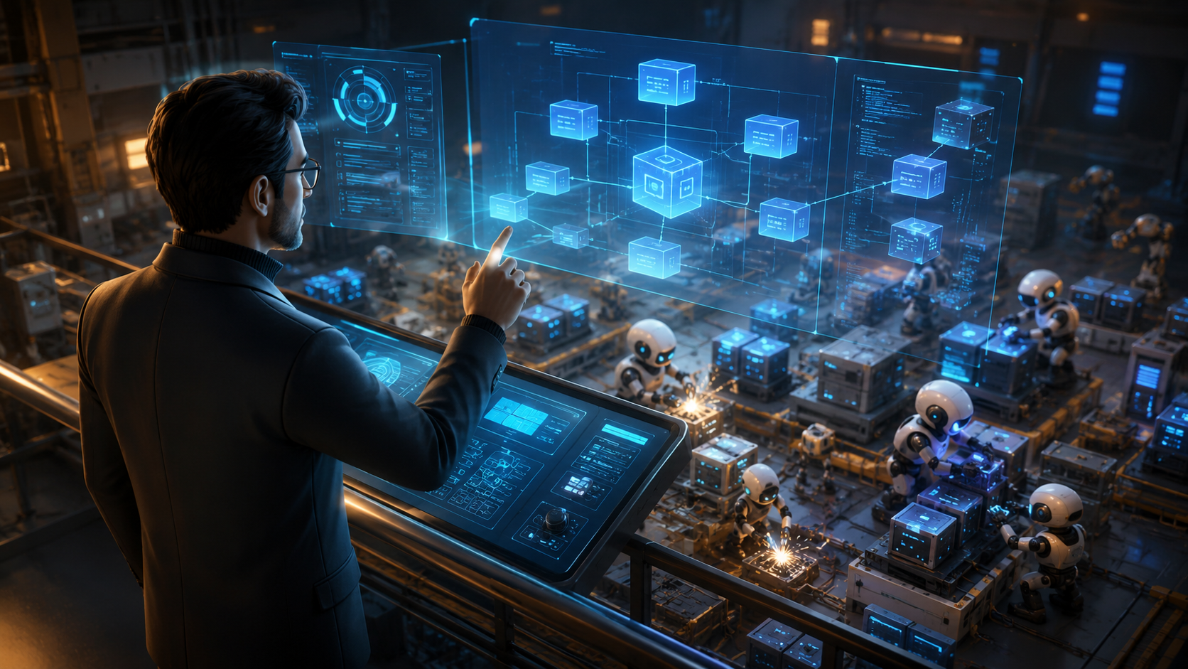 The architect directing a floor of robot labourers from a control platform — you design, the AI builds