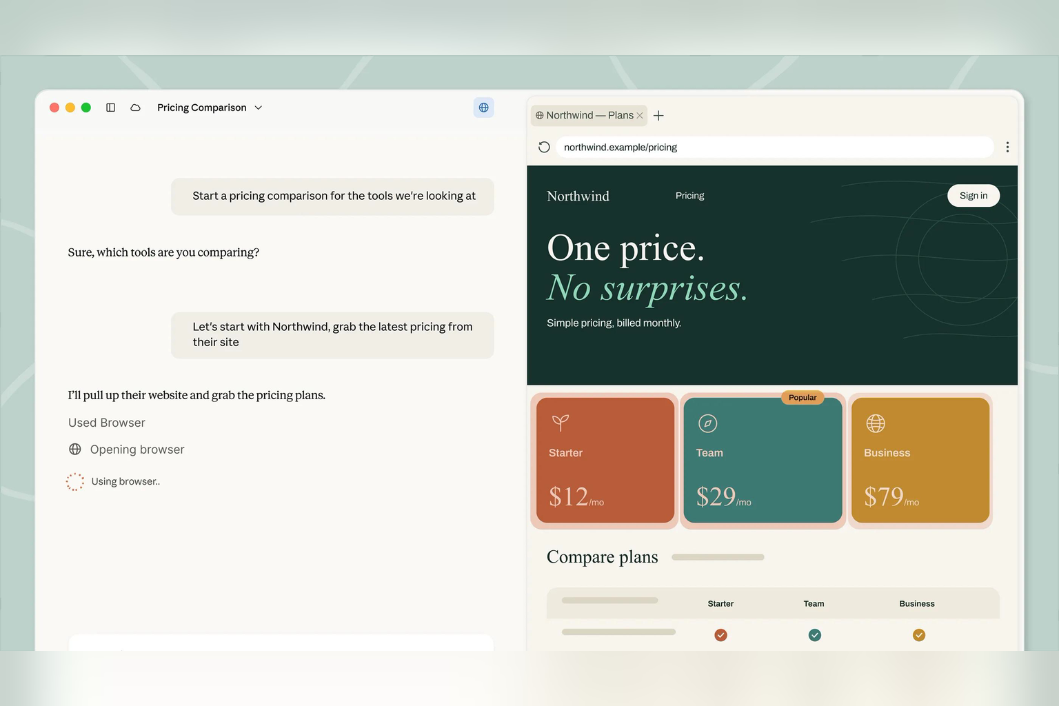 Claude Cowork's real app, from Anthropic's Cowork page: a pricing-comparison task where Claude opens a browser and reads a pricing page