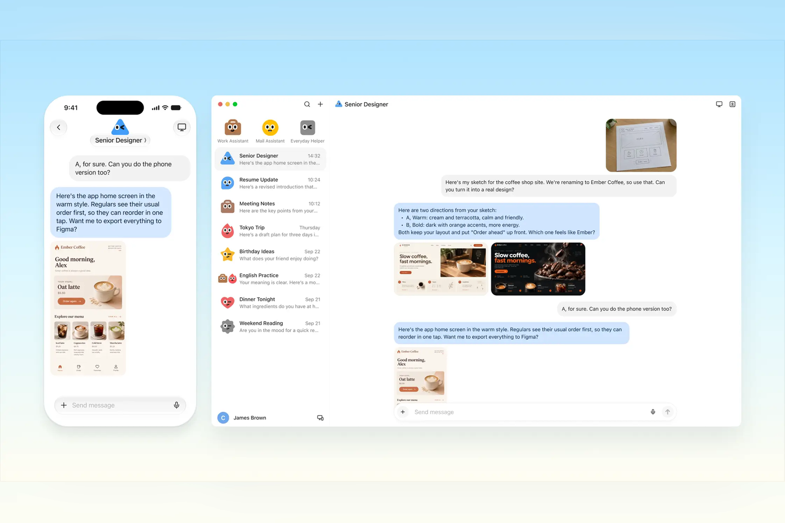 Manus Cue's real app, from cue.im: the desktop agent list and a Senior Designer agent's chat beside the same chat on a phone