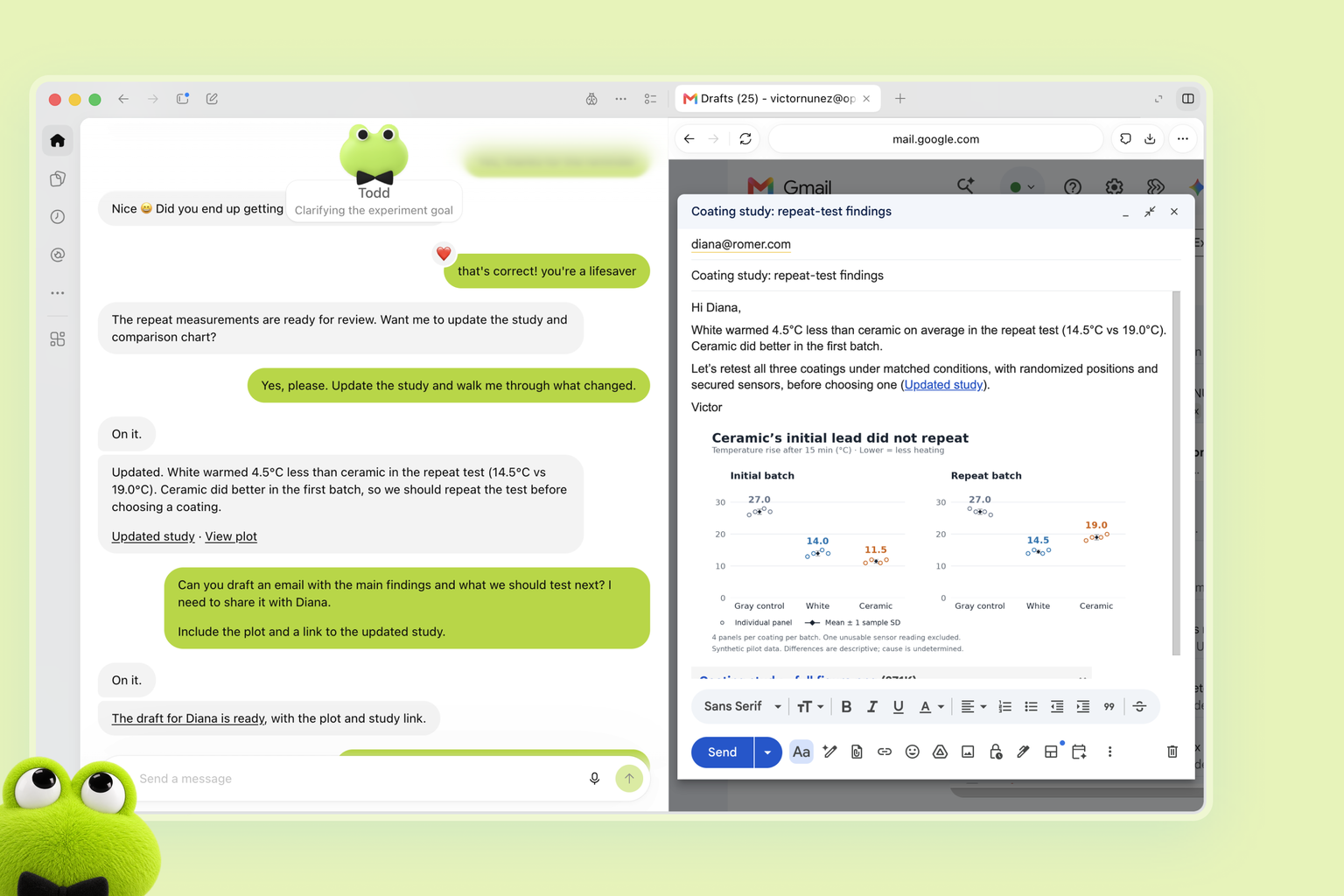 A real OpenAI dot, from OpenAI's announcement: a dot chat updating a study, beside the Gmail draft with charts it wrote