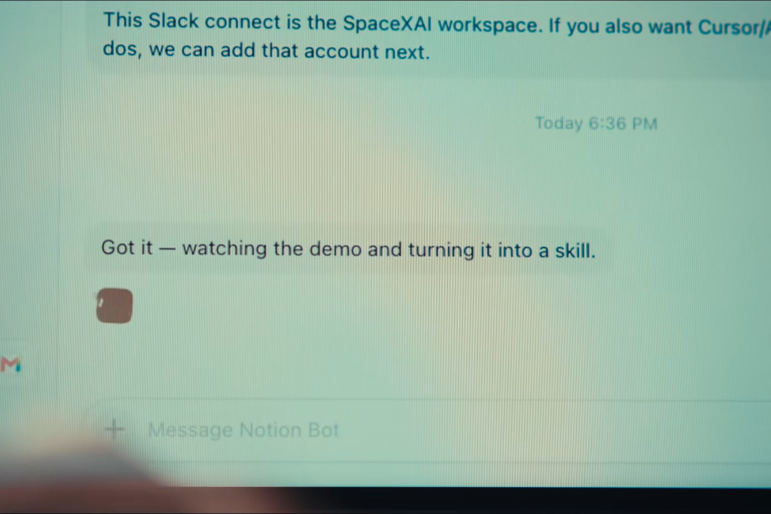 A real Grok Bot chat from xAI's official video, with the bot replying 'Got it — watching the demo and turning it into a skill'