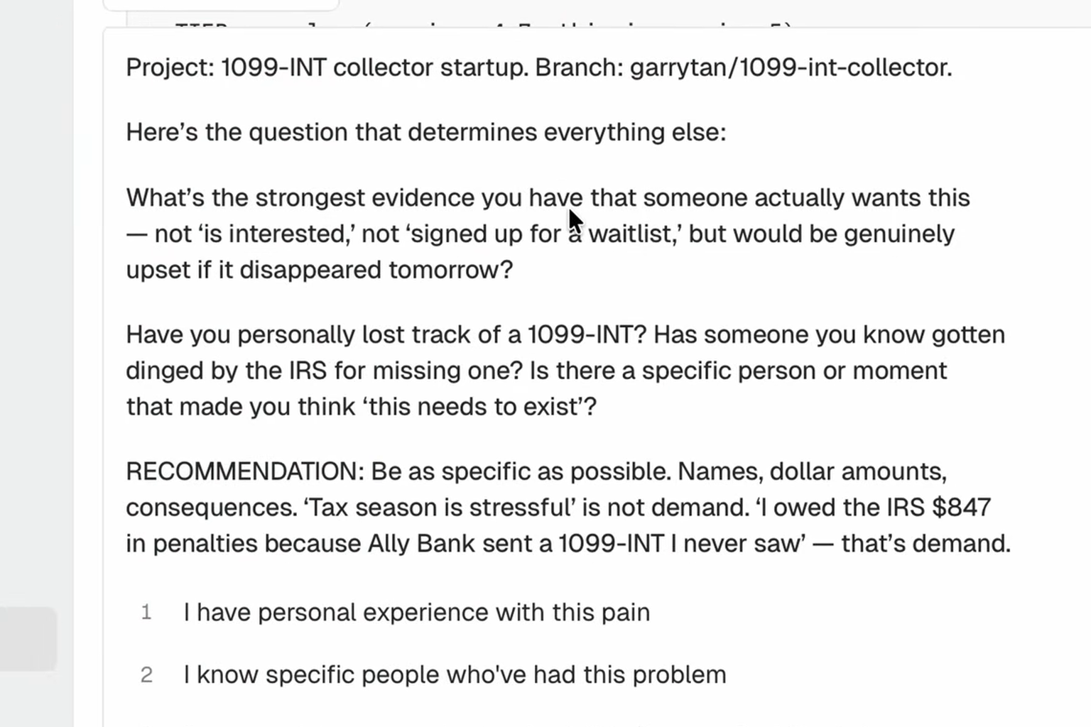 A real gstack session in Claude Code, from Y Combinator's video: gstack's office-hours skill asking a founder for the strongest evidence that anyone wants their product