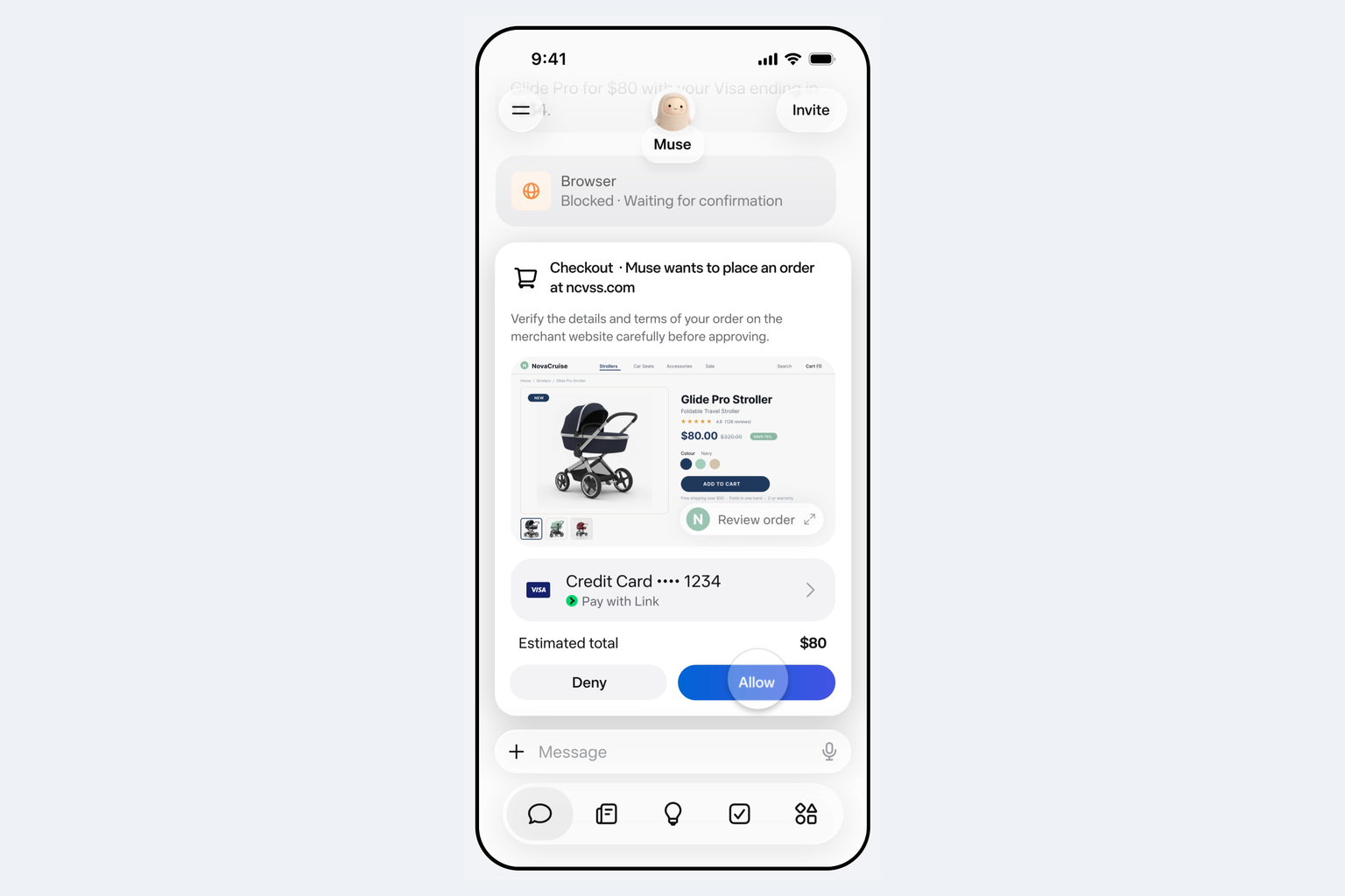 Meta Muse's real phone app, from Meta's launch post: a checkout card where Muse asks permission to place an $80 order, with Deny and Allow buttons and its browser blocked while it waits