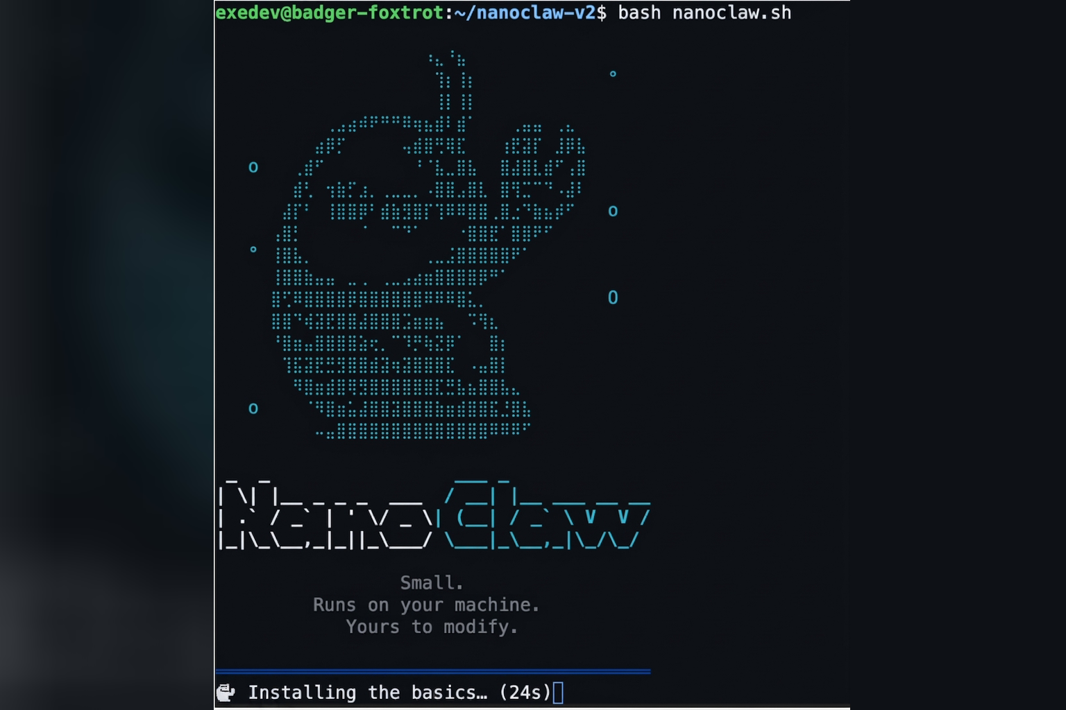 NanoClaw's real terminal installer, from the NanoClaw blog: the bash nanoclaw.sh setup running with the NanoClaw ASCII logo