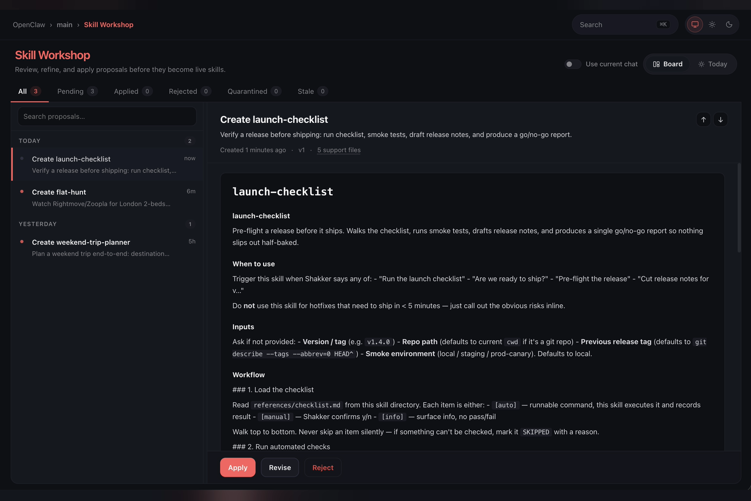 OpenClaw's real Control UI, from the OpenClaw blog: the Skill Workshop listing proposed skills, with a launch-checklist skill open for review and Apply, Revise and Reject buttons