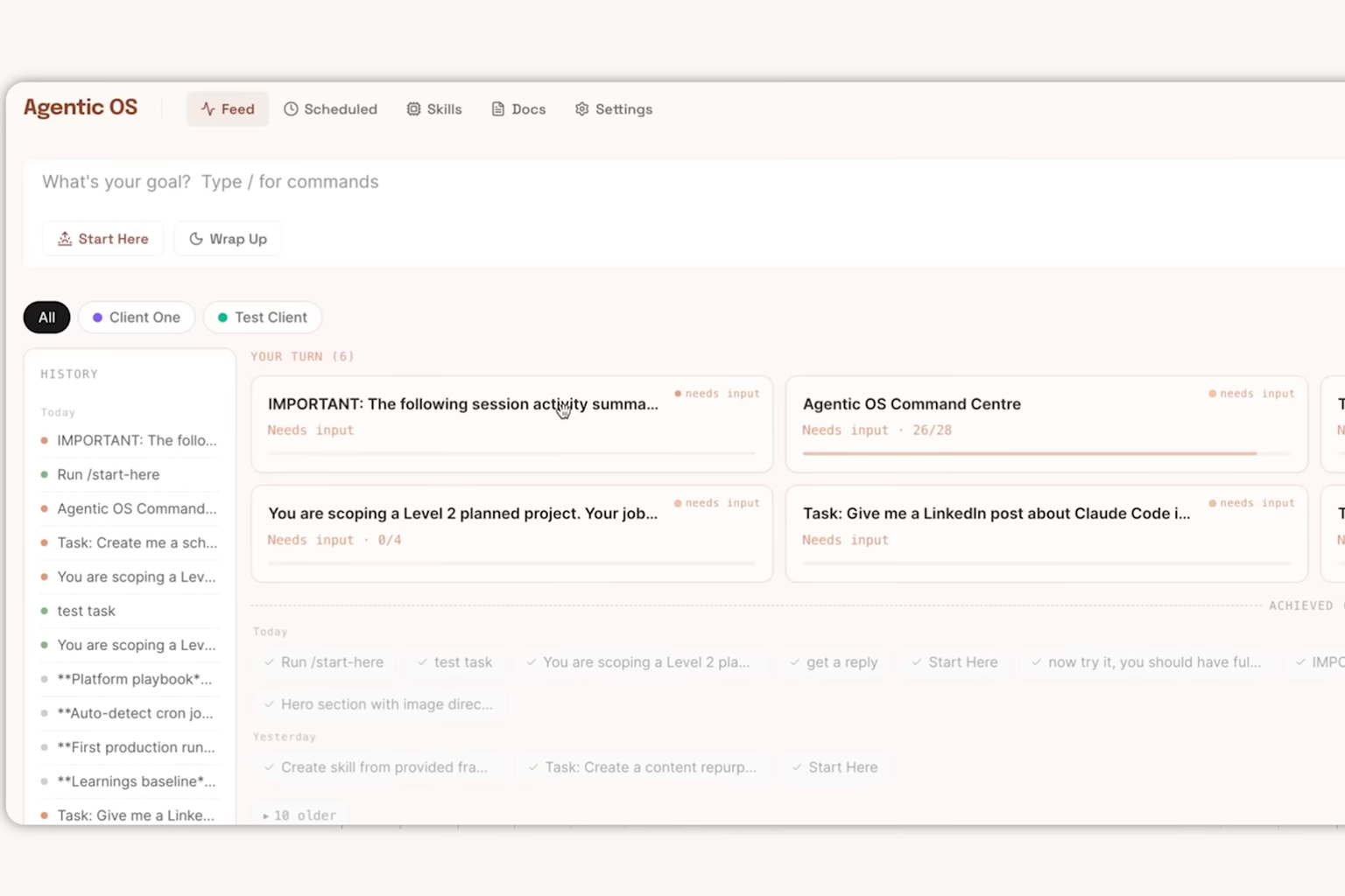 Simon Scrapes' real Agentic OS Command Centre, from his own video: a goal box, client filters and task cards waiting for input, with Feed, Scheduled, Skills, Docs and Settings tabs