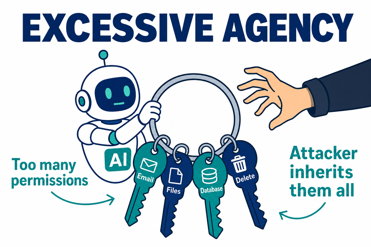 An AI agent granted far more permissions than its task needs, so a single compromise inherits all of them