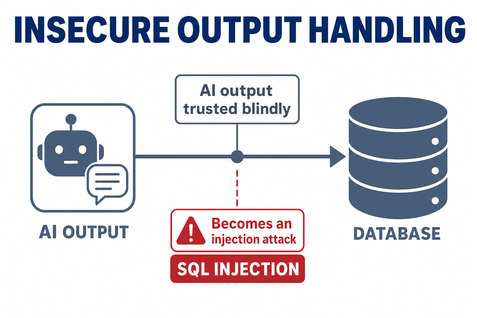A system trusting raw AI output and passing it straight to a database, turning prompt injection into SQL injection