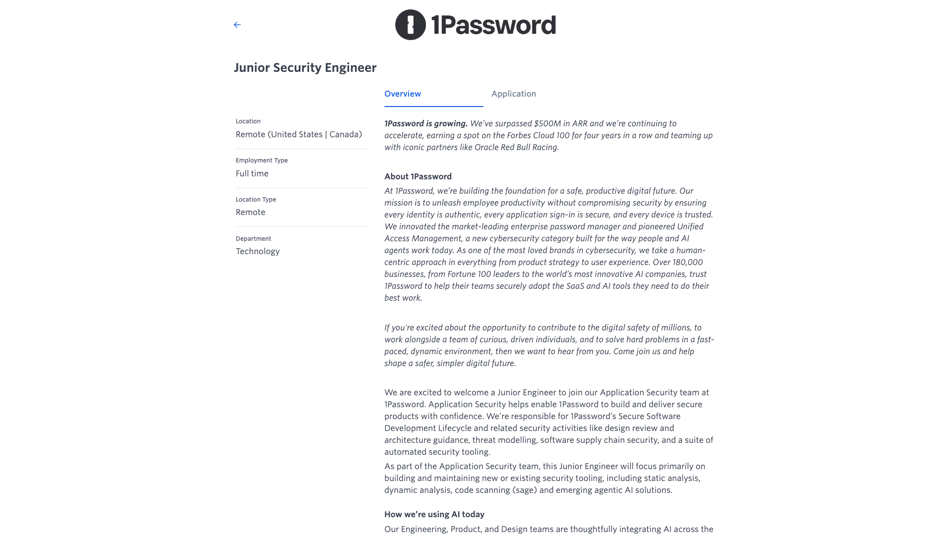 Screenshot of the 1Password Junior Security Engineer job posting, captured 2026-10-22