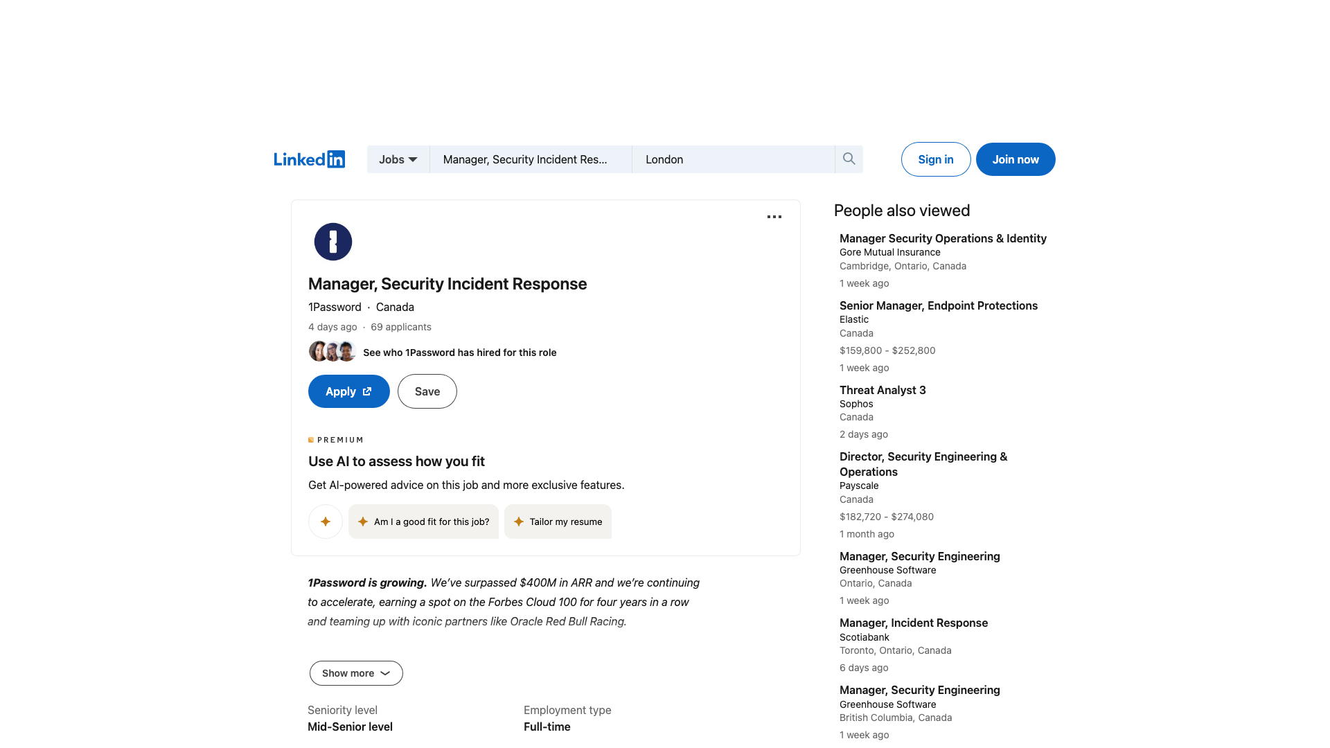 Screenshot of the 1Password Manager, Security Incident Response job posting, captured 2026-09-05