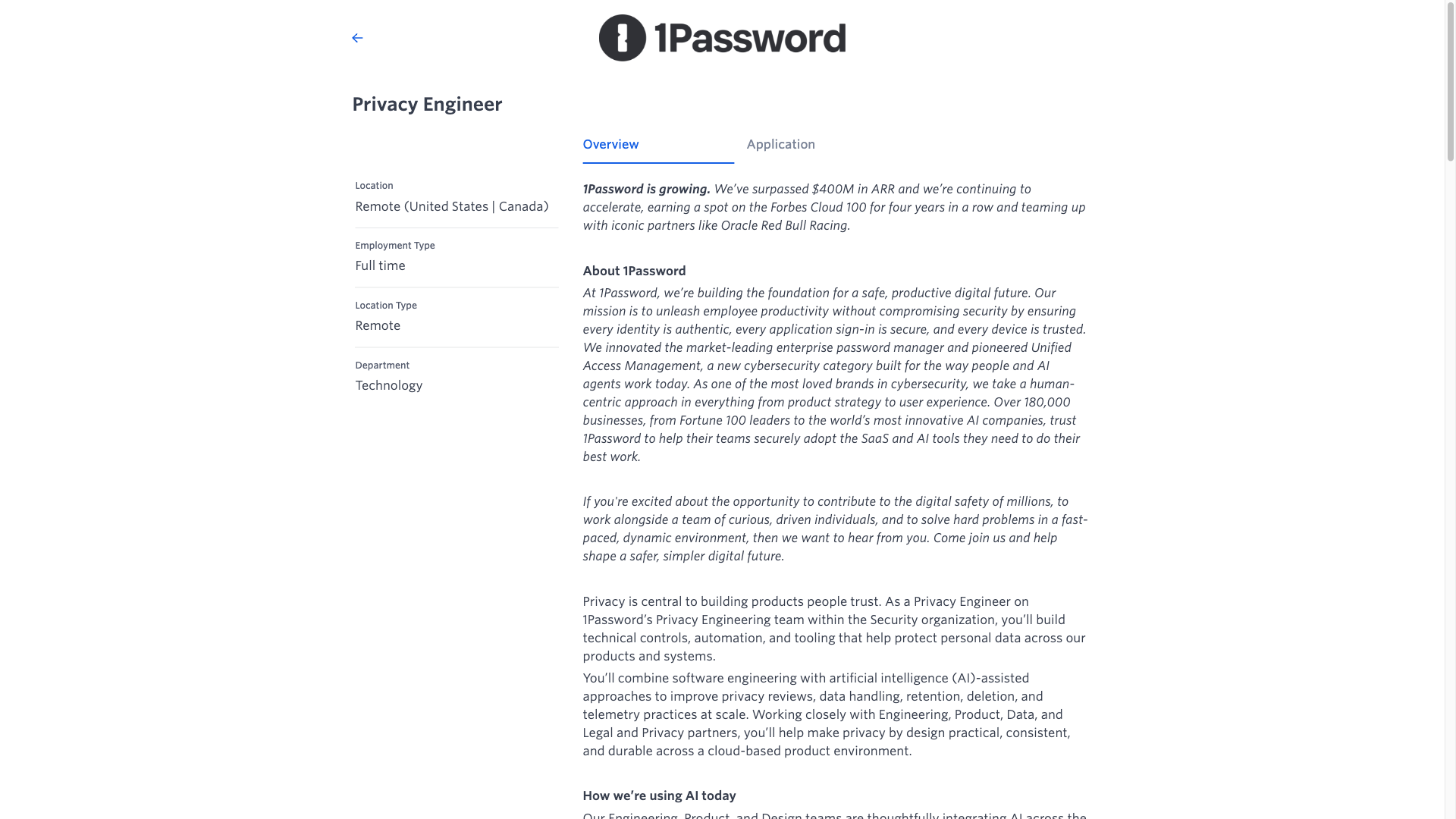 Screenshot of the 1Password Privacy Engineer job posting, captured 2026-10-01