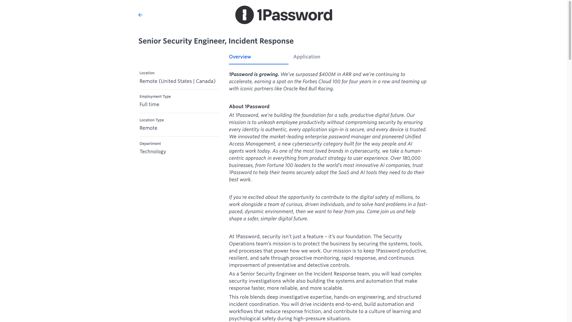 Screenshot of the 1Password Senior Security Engineer, Incident Response job posting, captured 2026-10-01