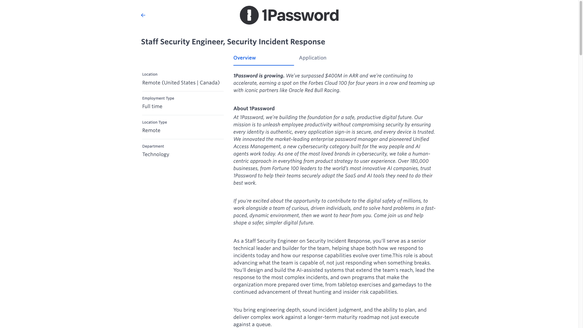 Screenshot of the 1Password Staff Security Engineer, Security Incident Response job posting, captured 2026-10-01