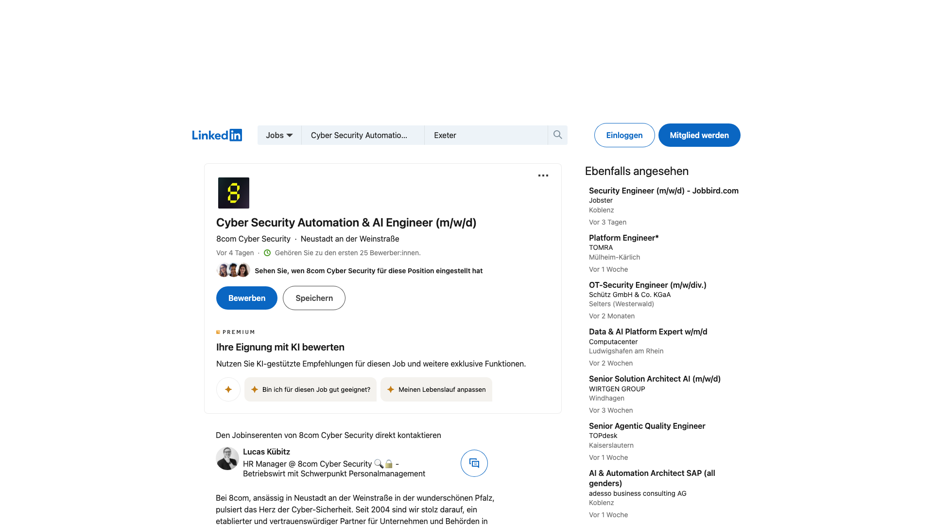 Screenshot of the 8com Cyber Security Automation & AI Engineer (m/w/d) job posting, captured 2026-09-05