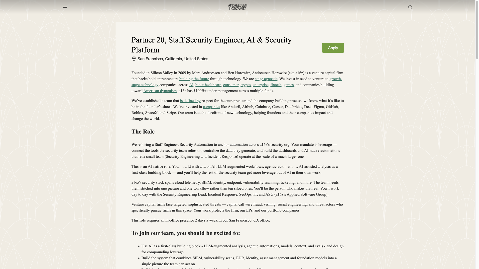 Screenshot of the a16z Partner 20, Staff Security Engineer, AI & Security Platform job posting, captured 2026-10-01