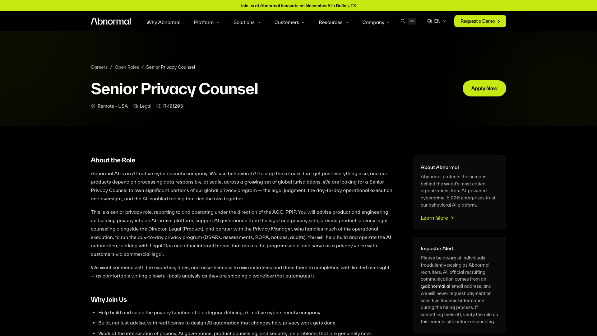 Screenshot of the Abnormal AI Senior Privacy Counsel job posting, captured 2026-10-22