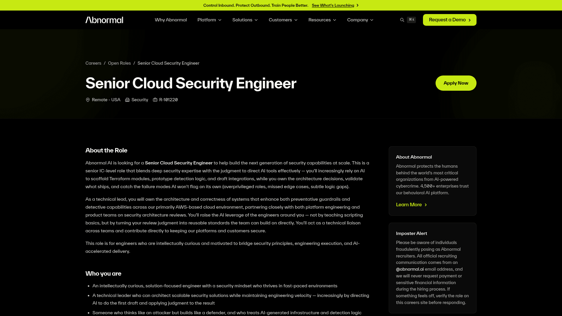 Screenshot of the Abnormal AI Senior Cloud Security Engineer job posting, captured 2026-08-27