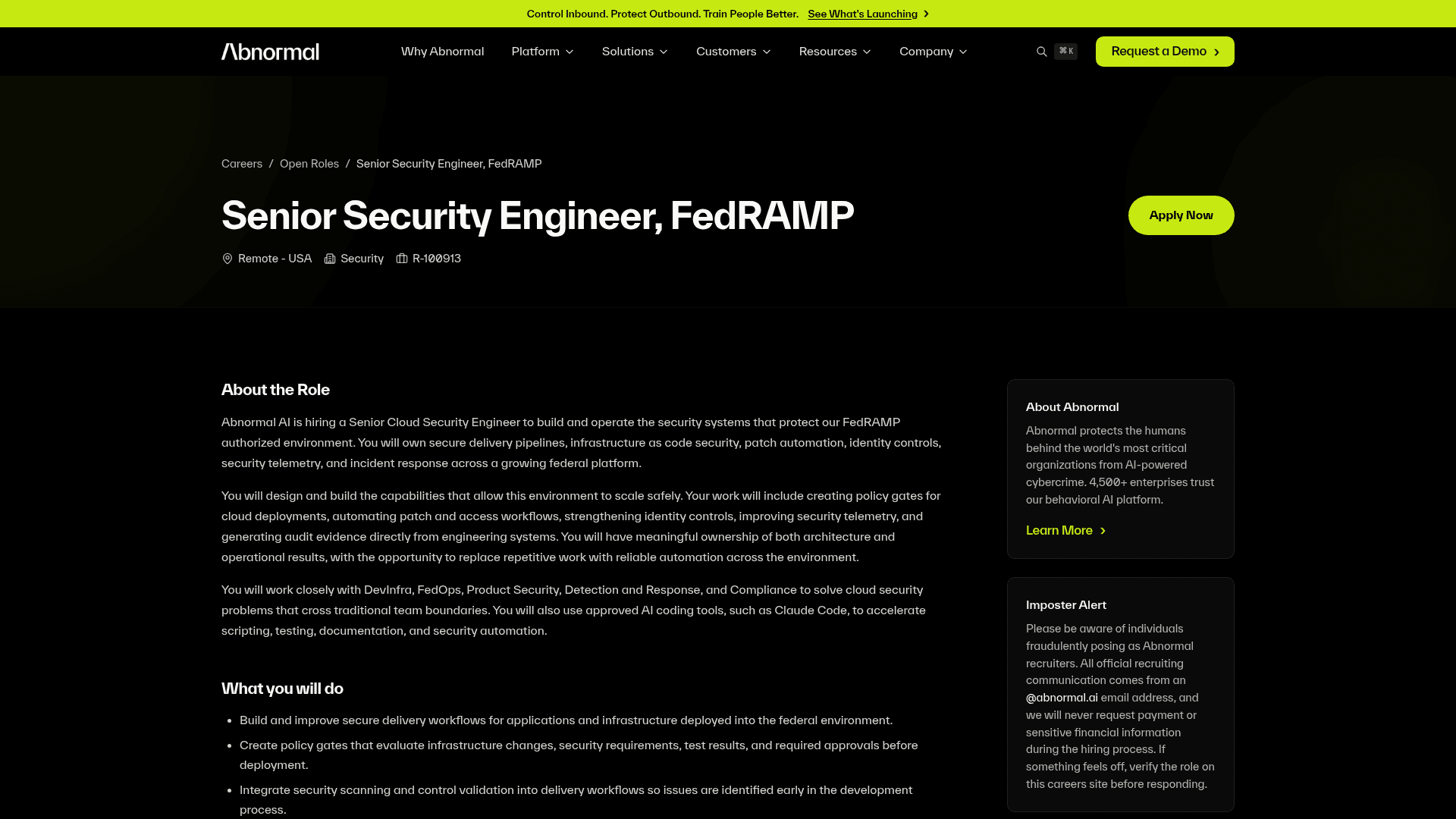 Screenshot of the Abnormal AI Senior Security Engineer, FedRAMP job posting, captured 2026-08-27