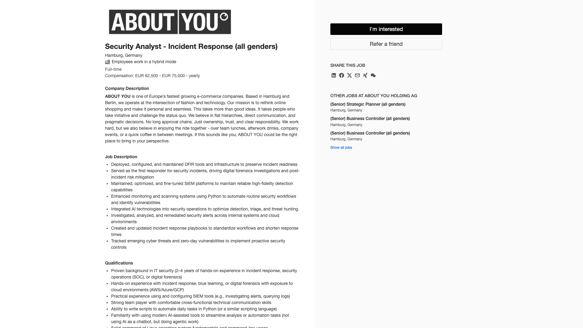 Screenshot of the ABOUT YOU Security Analyst - Incident Response (all genders) job posting, captured 2026-09-05