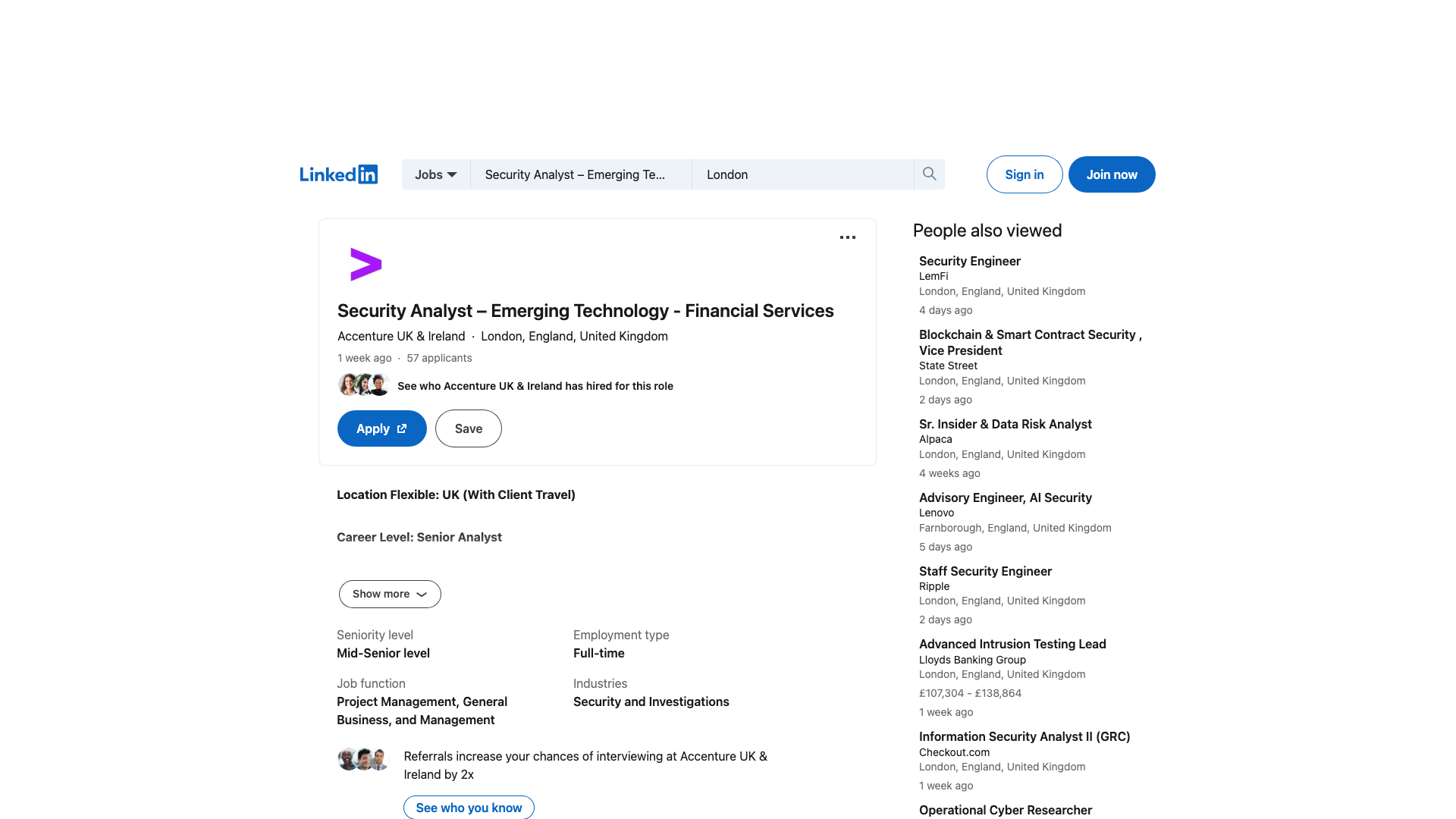 Screenshot of the Accenture UK & Ireland Security Analyst - Emerging Technology - Financial Services job posting, captured 2026-09-05