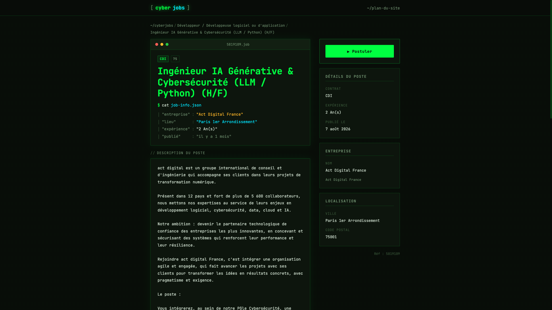Screenshot of the act digital Ingénieur IA Générative & Cybersécurité (LLM / Python) job posting, captured 2026-09-05