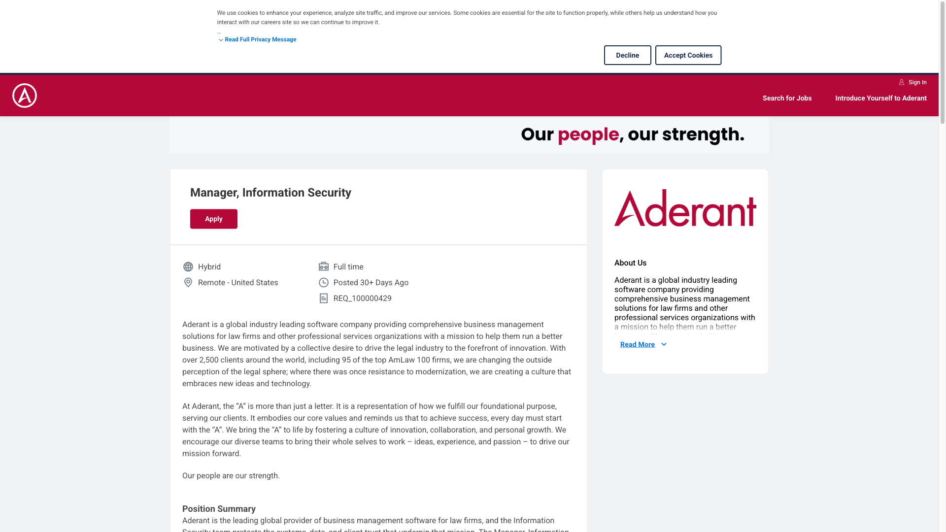Screenshot of the Aderant Manager, Information Security job posting, captured 2026-10-08