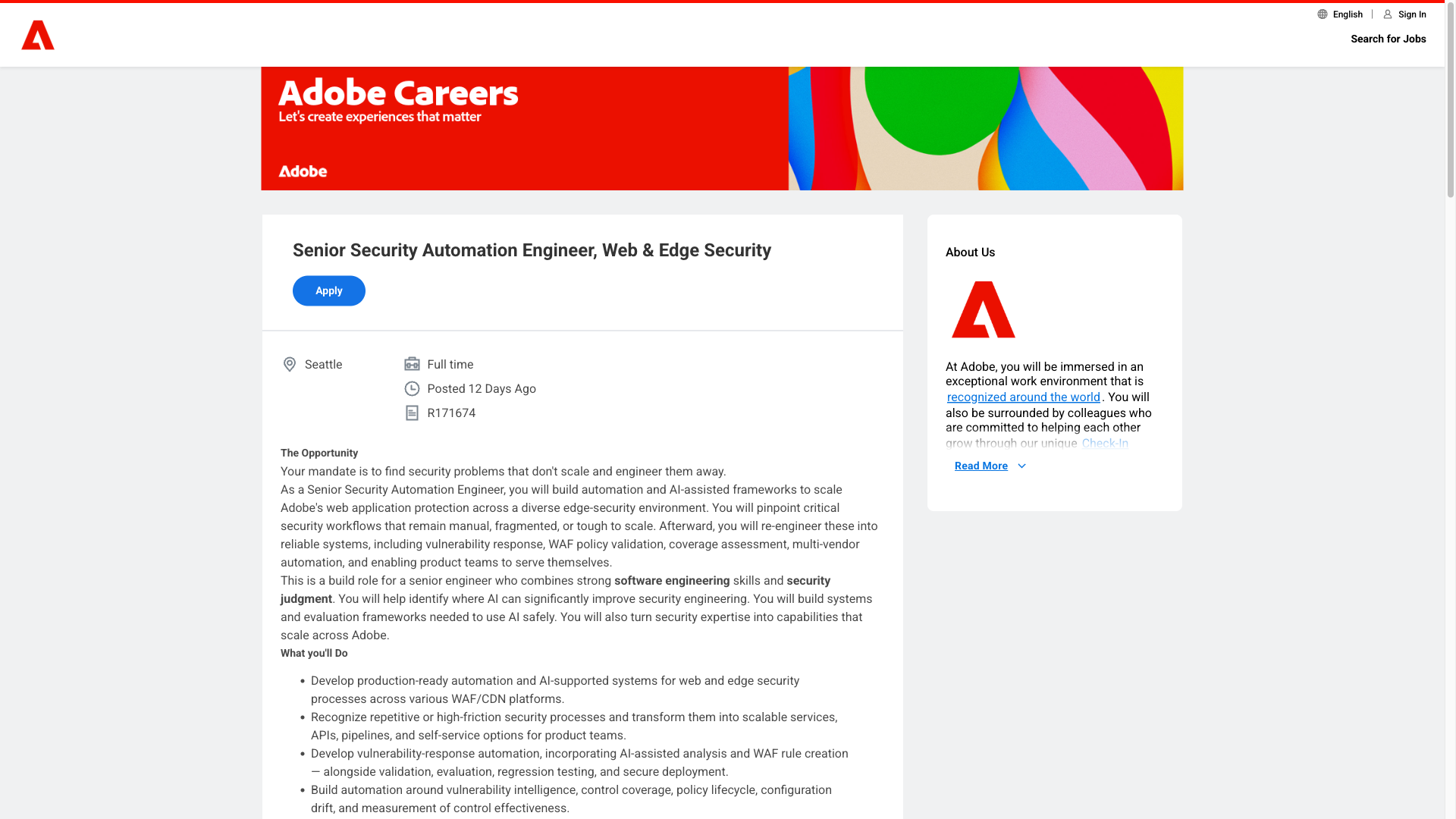 Screenshot of the Adobe Senior Security Automation Engineer, Web & Edge Security job posting, captured 2026-10-01