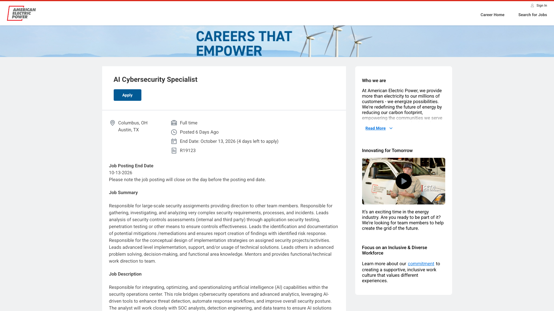 Screenshot of the AEP AI Cybersecurity Specialist job posting, captured 2026-10-08