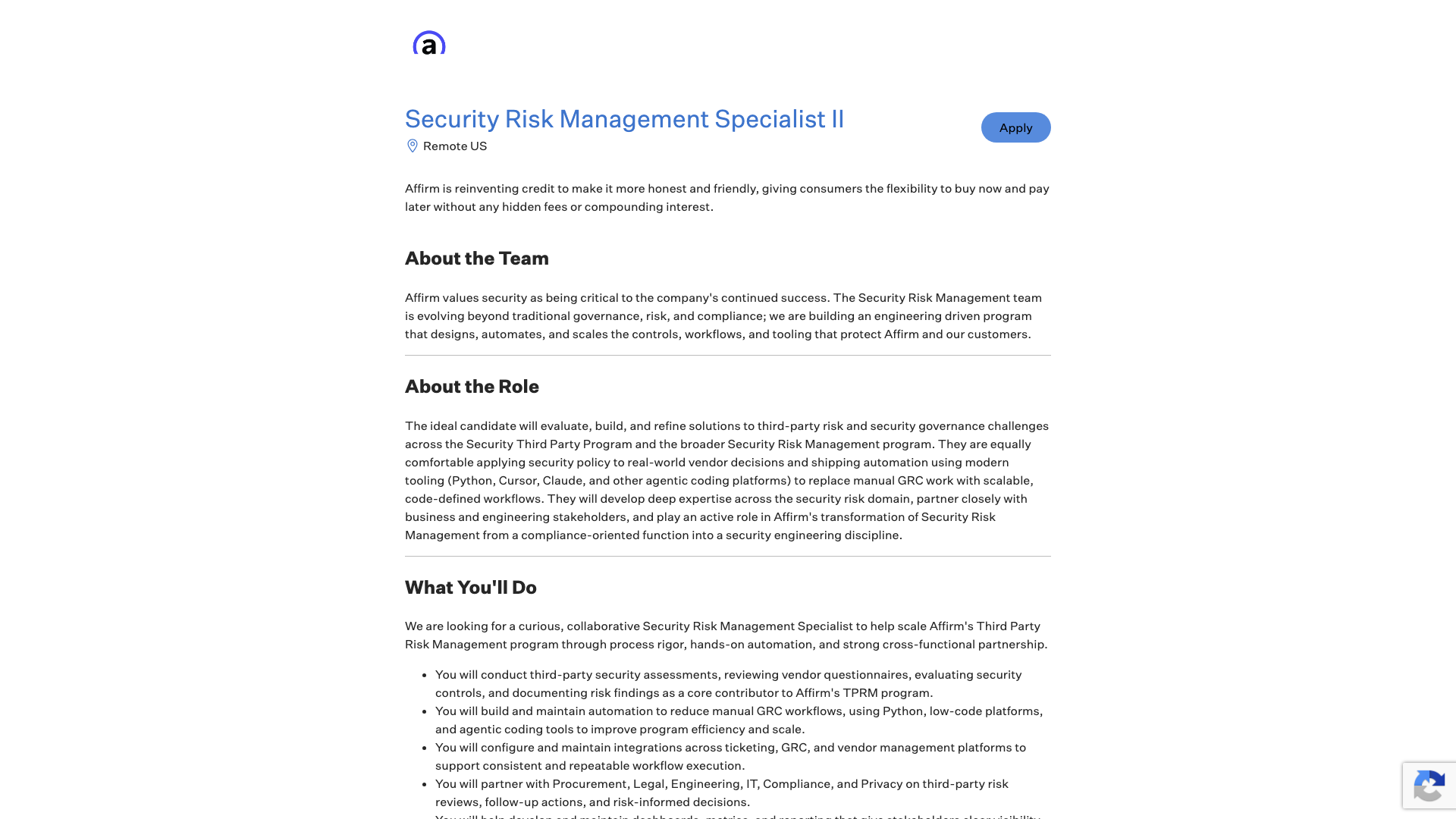 Screenshot of the Affirm Security Risk Management Specialist II job posting, captured 2026-08-31