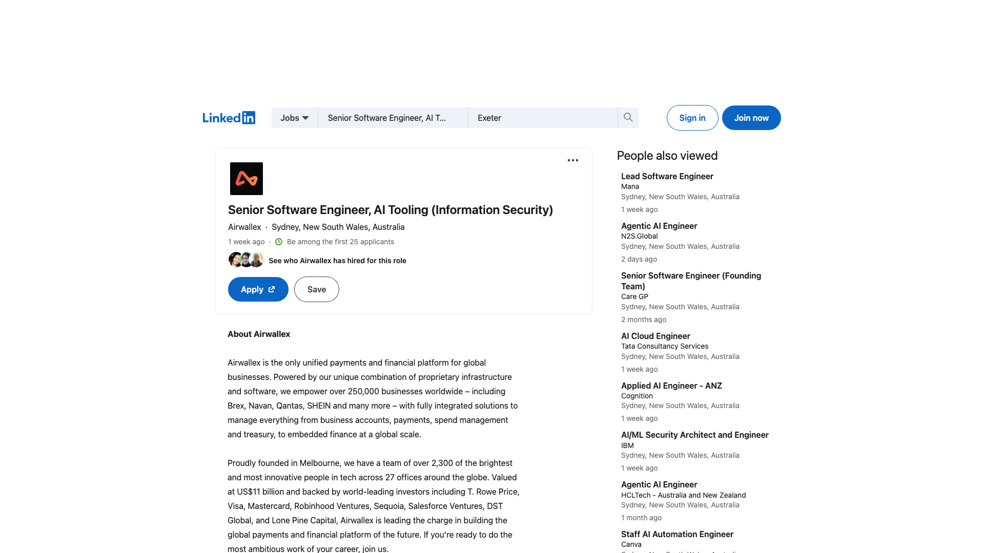 Screenshot of the Airwallex Senior Software Engineer, AI Tooling (Information Security) job posting, captured 2026-09-05