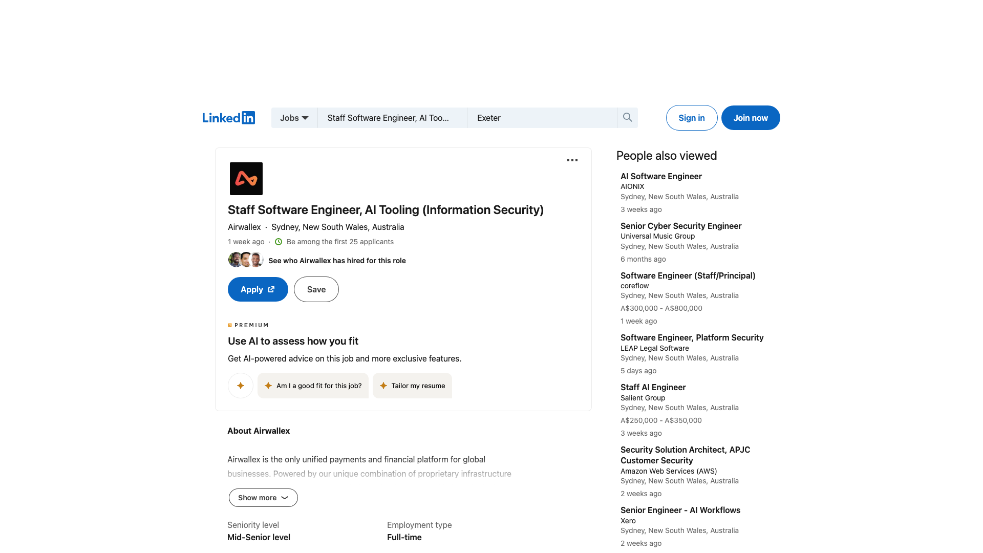 Screenshot of the Airwallex Staff Software Engineer, AI Tooling (Information Security) job posting, captured 2026-09-05
