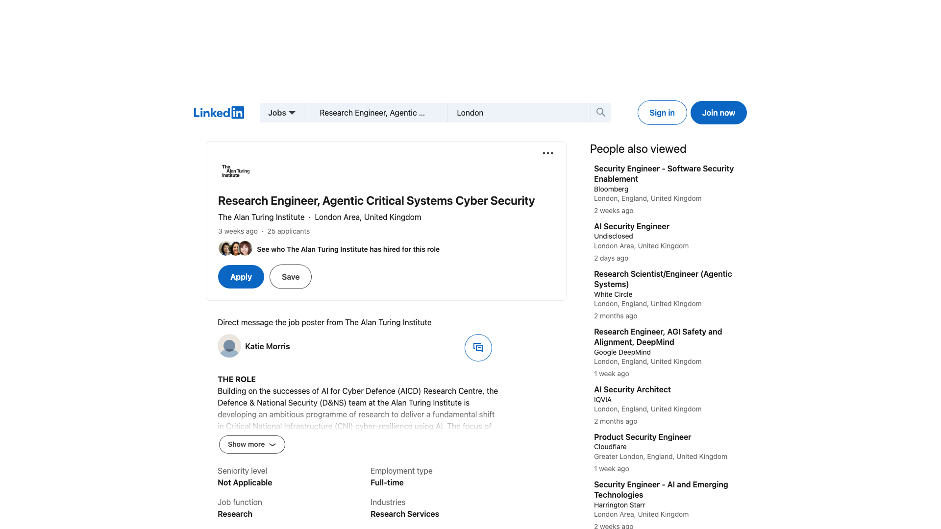 Screenshot of the The Alan Turing Institute Research Engineer, Agentic Critical Systems Cyber Security job posting, captured 2026-09-05
