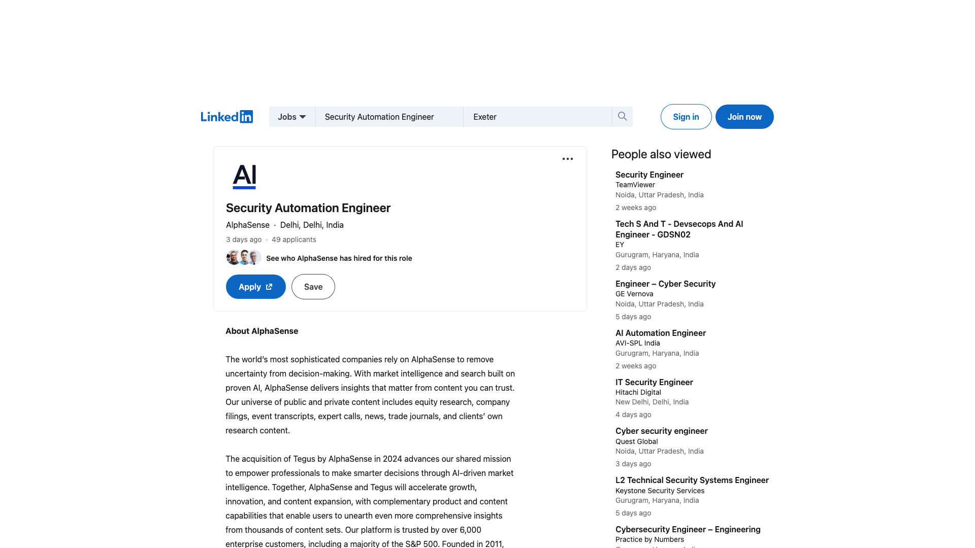 Screenshot of the AlphaSense Security Automation Engineer job posting, captured 2026-09-05