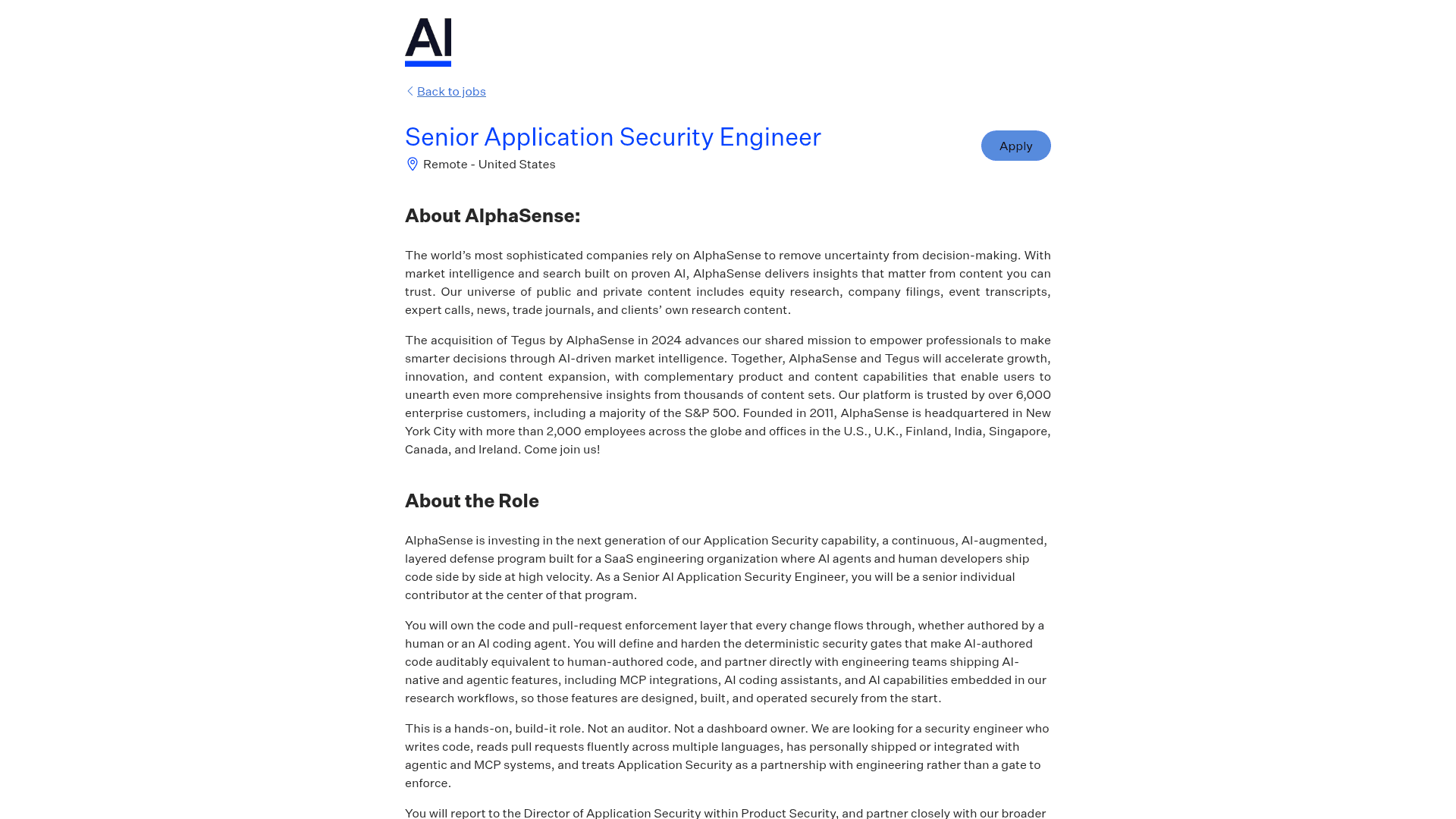 Screenshot of the AlphaSense Senior Application Security Engineer job posting, captured 2026-08-31