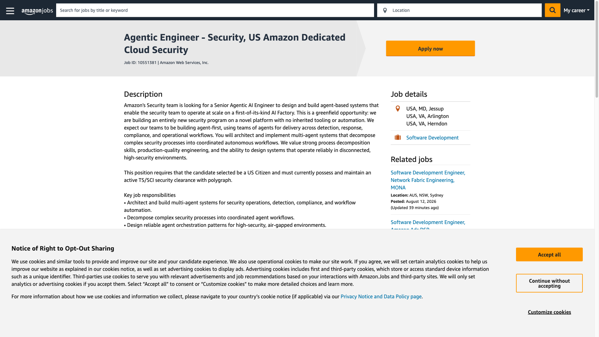 Screenshot of the Amazon Agentic Engineer - Security, US Amazon Dedicated Cloud Security job posting, captured 2026-10-01