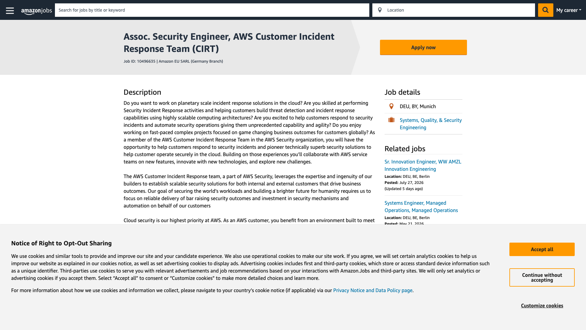 Screenshot of the Amazon Assoc. Security Engineer, AWS Customer Incident Response Team (CIRT) job posting, captured 2026-09-01