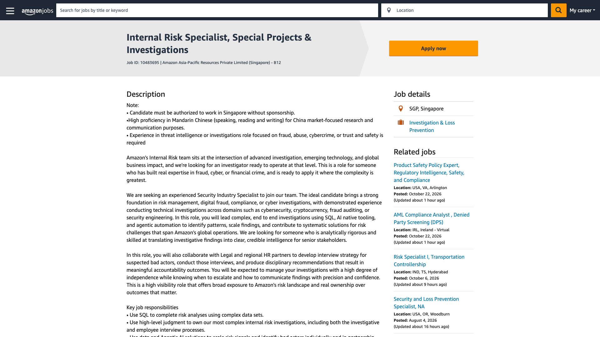 Screenshot of the Amazon Internal Risk Specialist, Special Projects & Investigations job posting, captured 2026-10-22