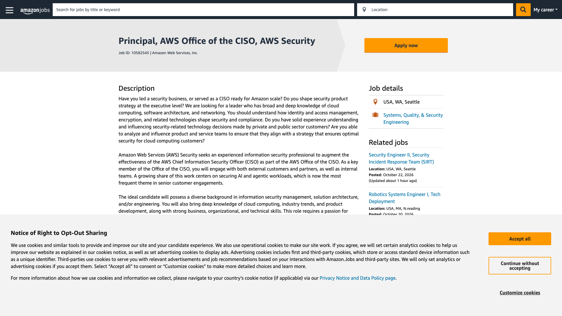 Screenshot of the Amazon Principal, AWS Office of the CISO, AWS Security job posting, captured 2026-10-22