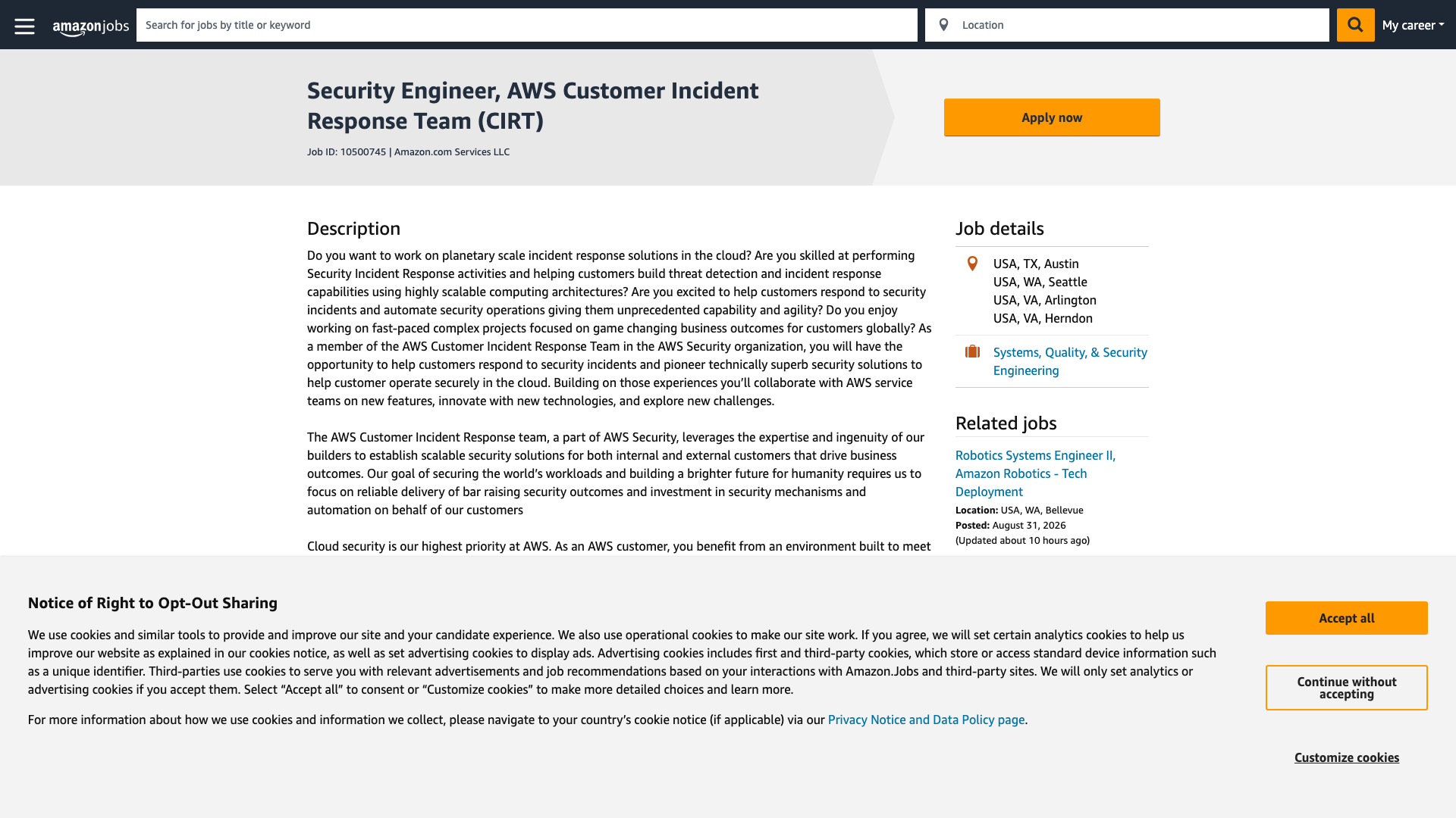 Screenshot of the Amazon Security Engineer, AWS Customer Incident Response Team (CIRT) job posting, captured 2026-09-01