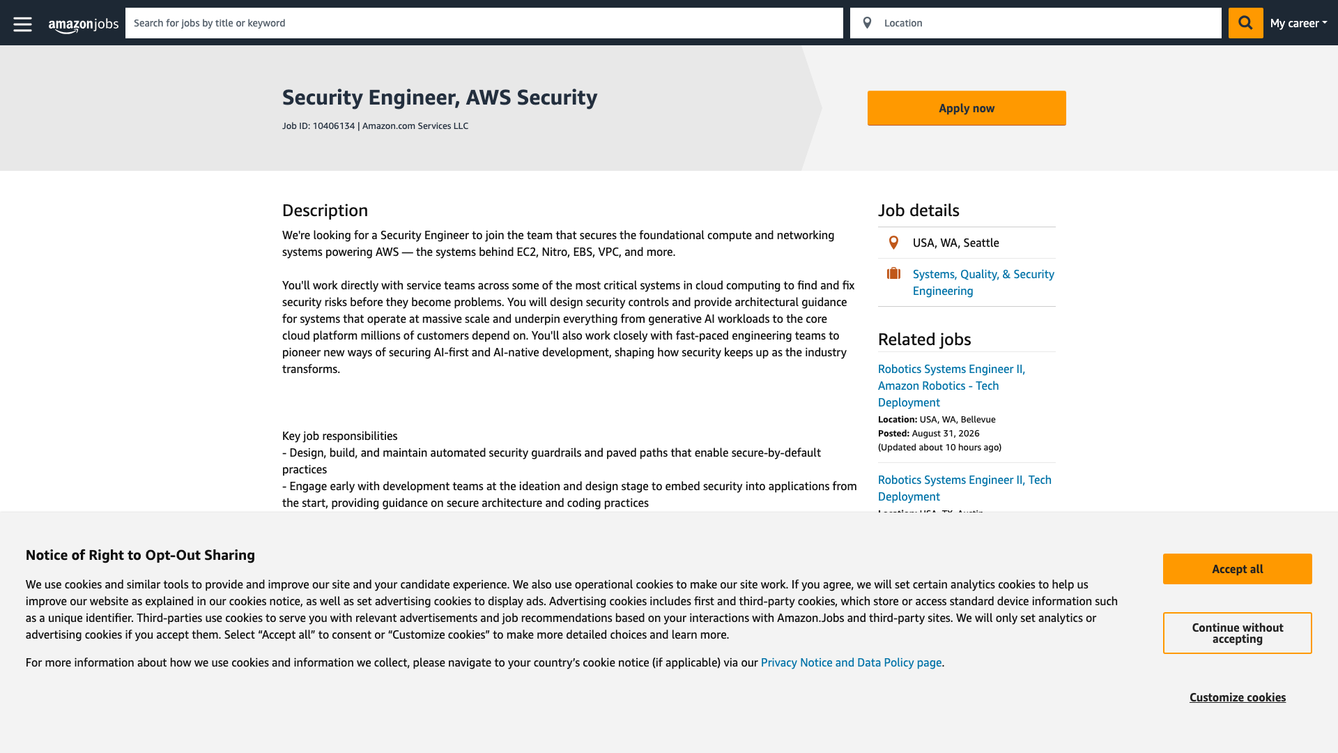 Screenshot of the Amazon Security Engineer, AWS Security job posting, captured 2026-09-01