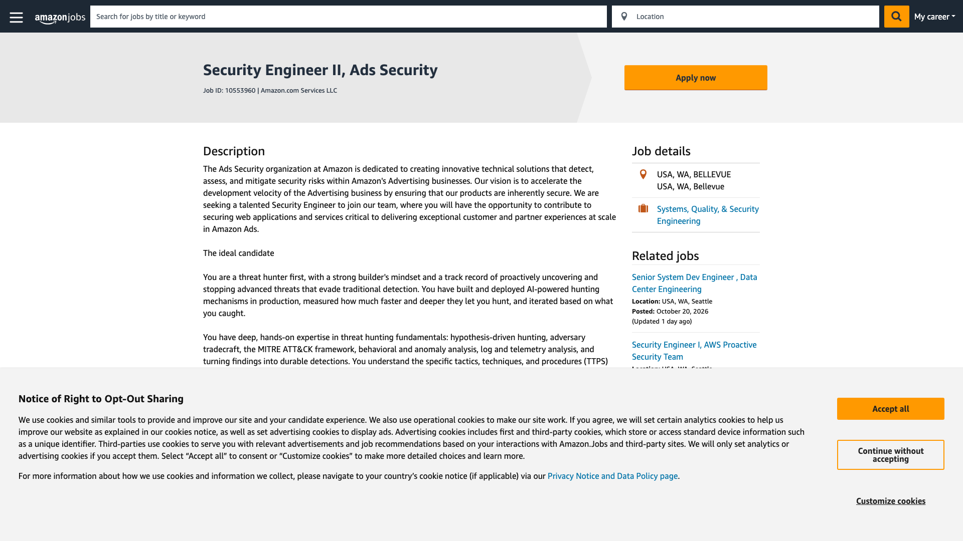 Screenshot of the Amazon Security Engineer II, Ads Security job posting, captured 2026-10-25