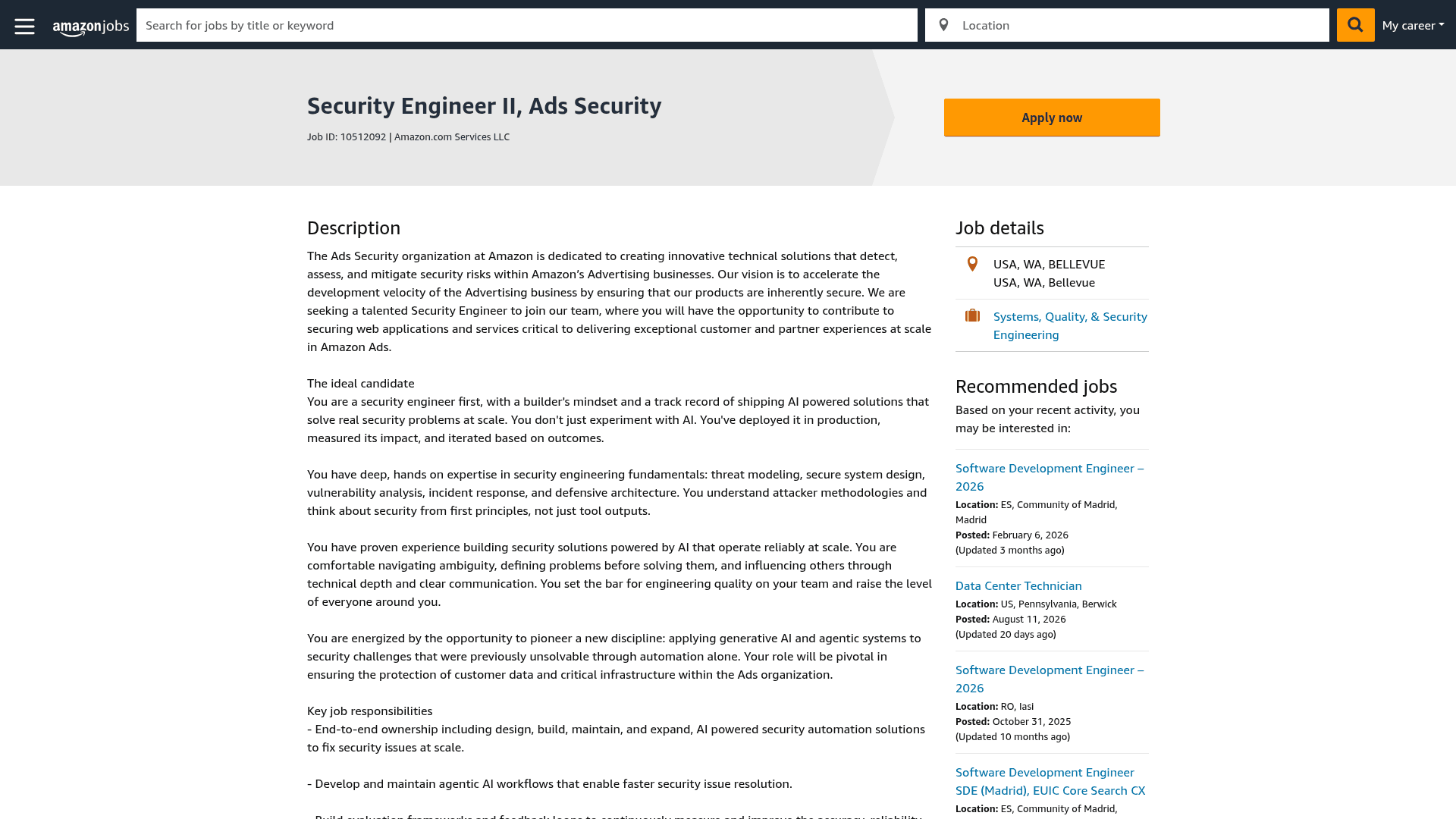 Screenshot of the Amazon Security Engineer II, Ads Security job posting, captured 2026-09-01