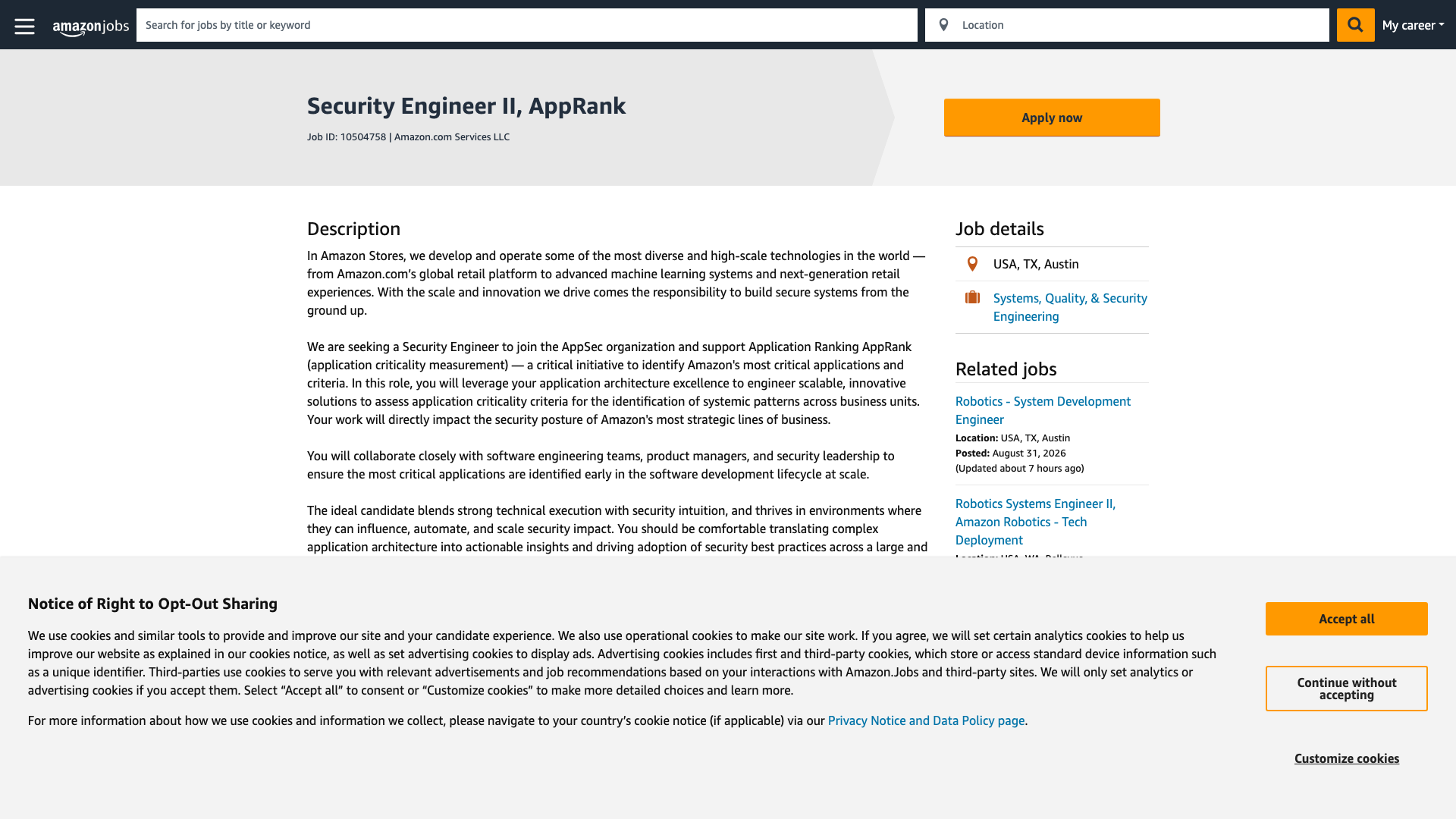 Screenshot of the Amazon Security Engineer II, AppRank job posting, captured 2026-09-01
