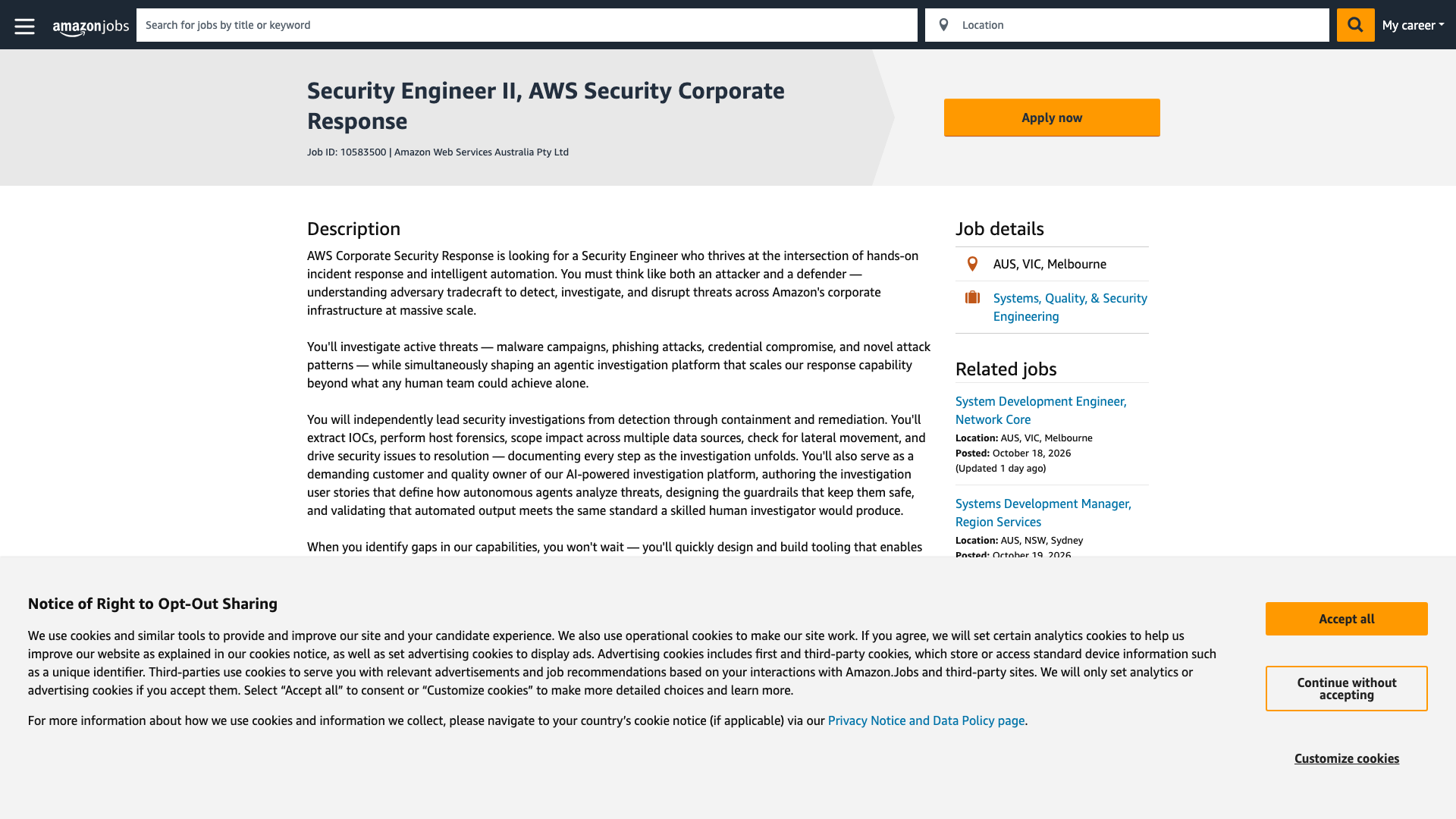 Screenshot of the Amazon Security Engineer II, AWS Security Corporate Response job posting, captured 2026-10-22