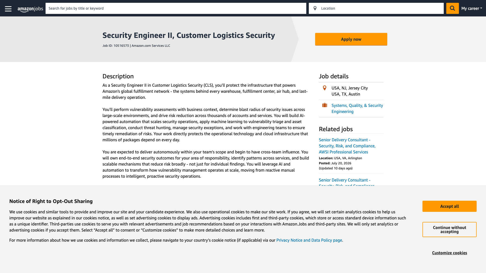 Screenshot of the Amazon Security Engineer II, Customer Logistics Security job posting, captured 2026-09-01